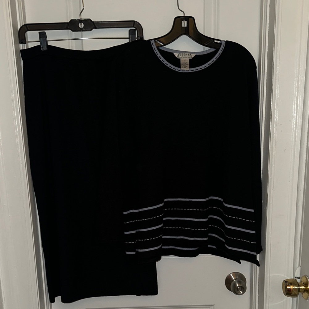 JohnPaulRichard Dark Blue Knit Two-Piece with Light Blue Trim and skirt